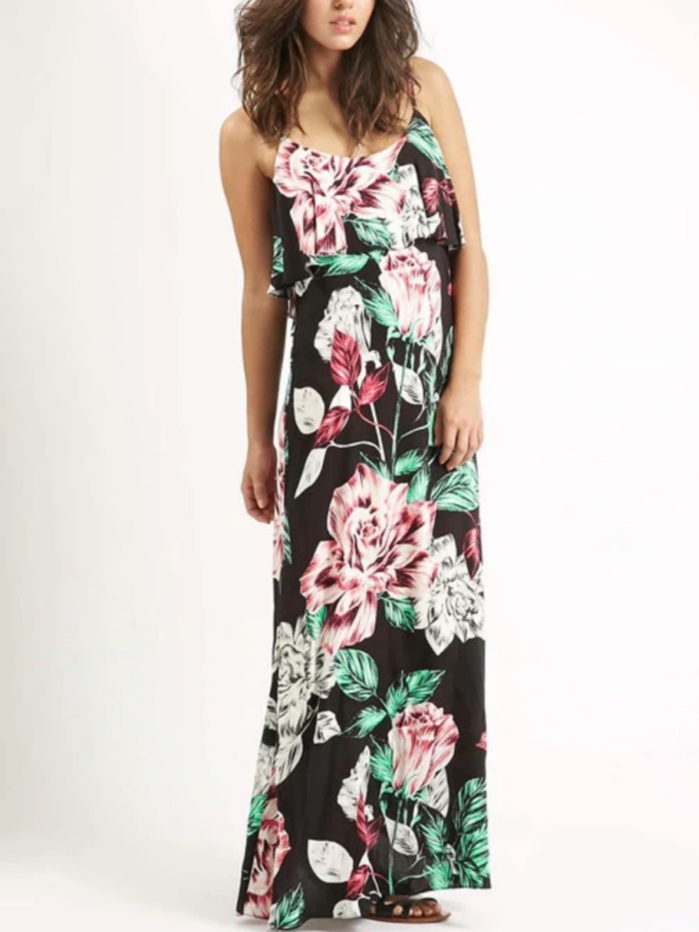 Kendall & Kylie Floral Print Ruffle Top Lightweight Maxi Dress Black, Sz 14